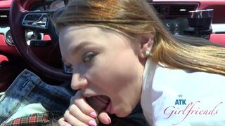 Amateur school girl playing Mazy Myers' pussy in the car while sucking the pot in gfe pov