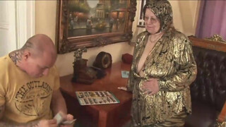 Fat old woman and young boy