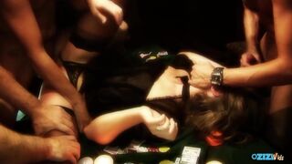 The naughty brown bomber gets double fuck on a poker table four times