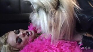 Hot blonde lesbian pussy trembles with girlfriend tongue and thick fake dick