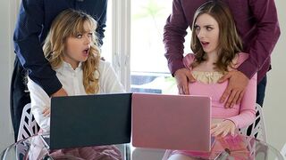 Naughty stepsisters beg stepdad cock for failing grades