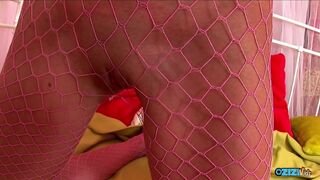 Flexible Blonde Licks Own Dripping Pussy Fishnets