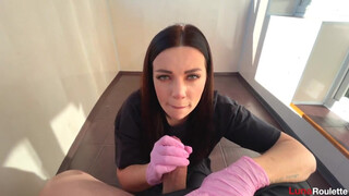 College slut jerks massive cock latex gloves frenzy