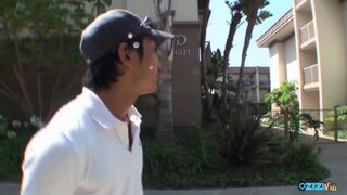 Blonde honey meets the vibrator in front of two Asian guys