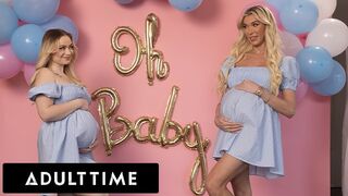 Pregnant hotties double team cheating husband's cock