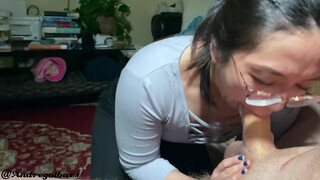 Deepthroat blowjob Asian girlfriend with glasses