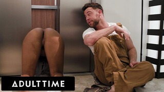 Pervert maintenance is fucking August Skye while she's stuck in the elevator!