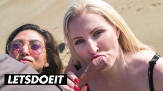 British milf Georgie Lyall's pussy bites on the wooden beach with Frida Sante's breast