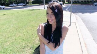 Teenage whore Mia Hurley shows her big tits and fucks the kid for money