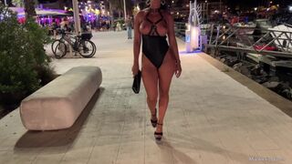 Big-breasted amateur sucks dick and finger her pussy publicly on the street